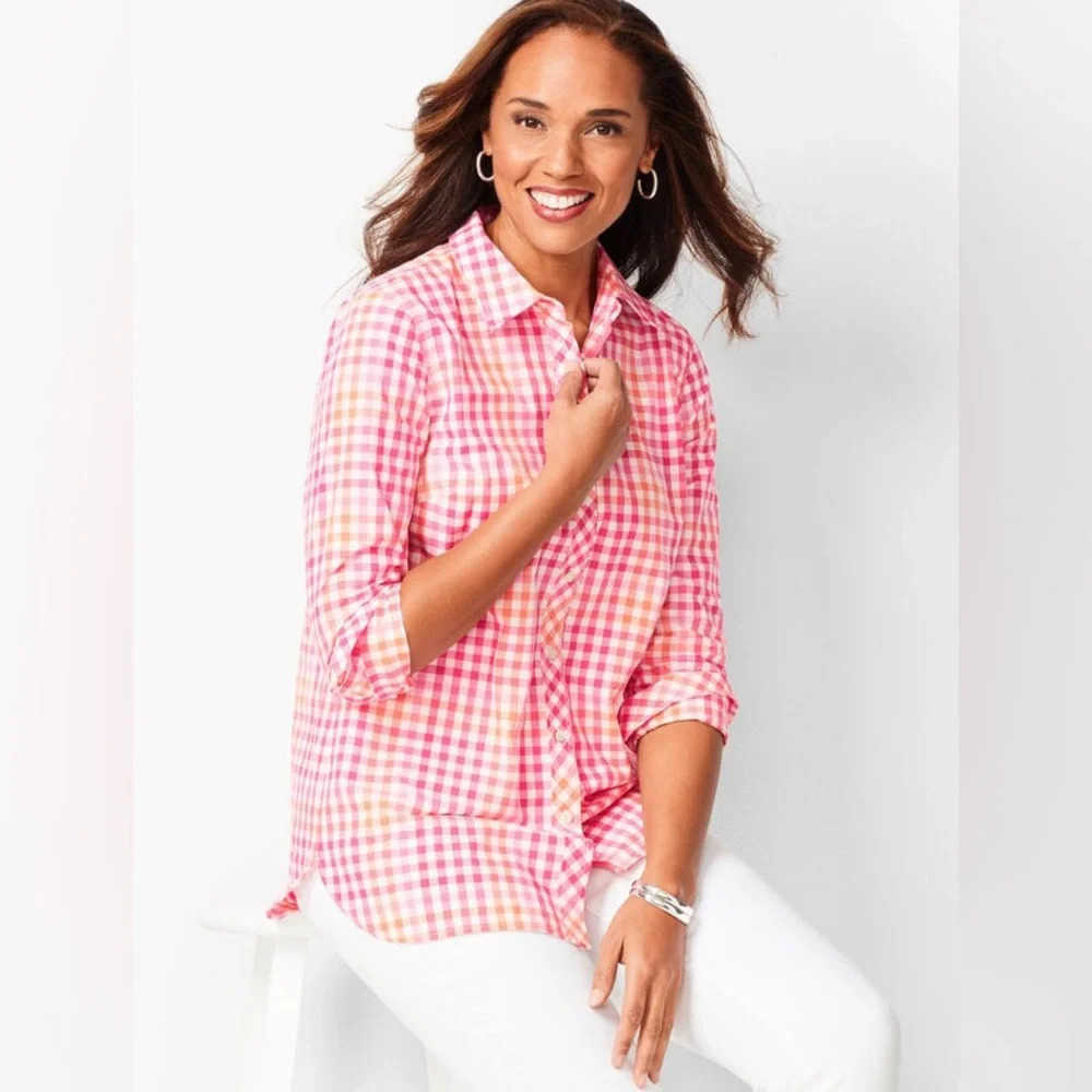 Talbots Button Up Shirt Pink Orange Gingham Check Long Sleeve Size Petite Large